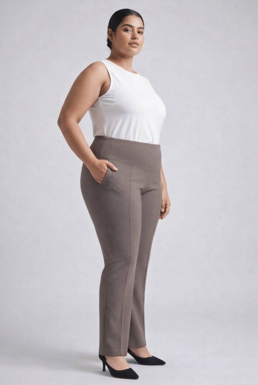 Plus Size Taupe Tummy Shaper Straight Fit Pants