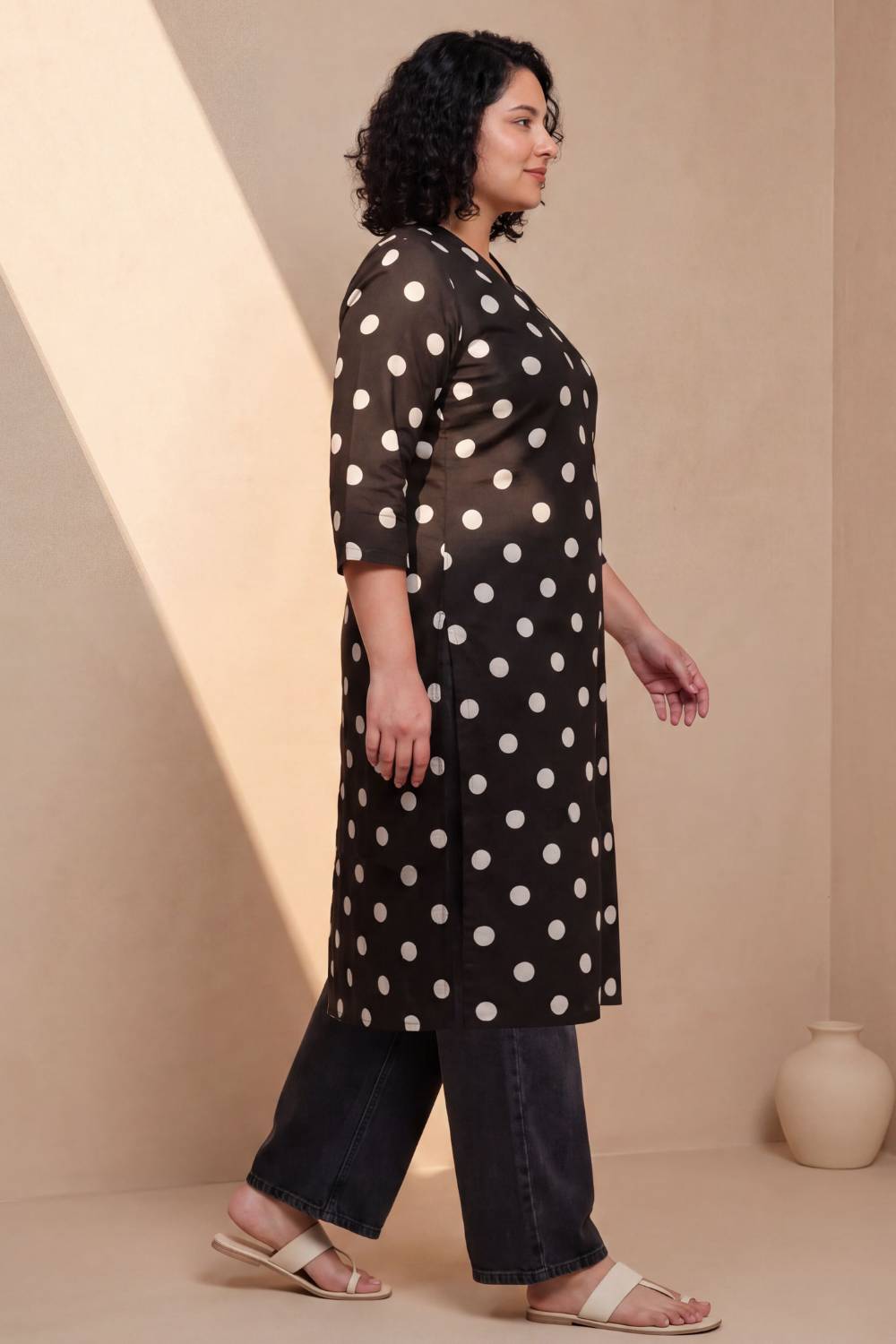 Plus Size Black Polka Print Rayon V Neck Kurta