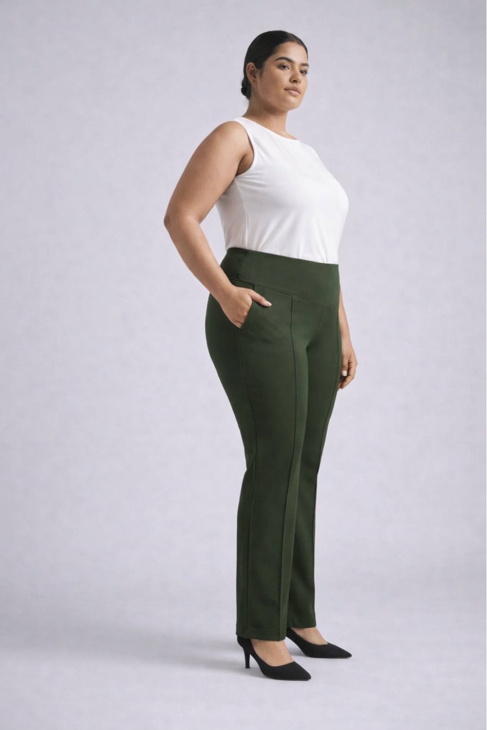 Plus Size Olive Tummy Shaper Straight Fit Pants