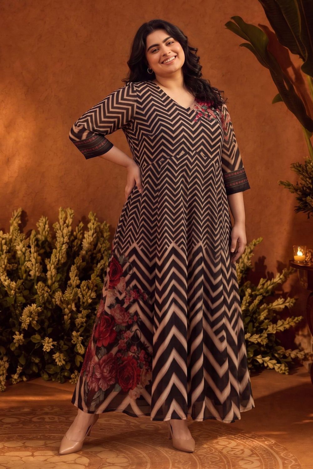 Plus Size Black Rose Chevron Print Georgette Anarkali Dress