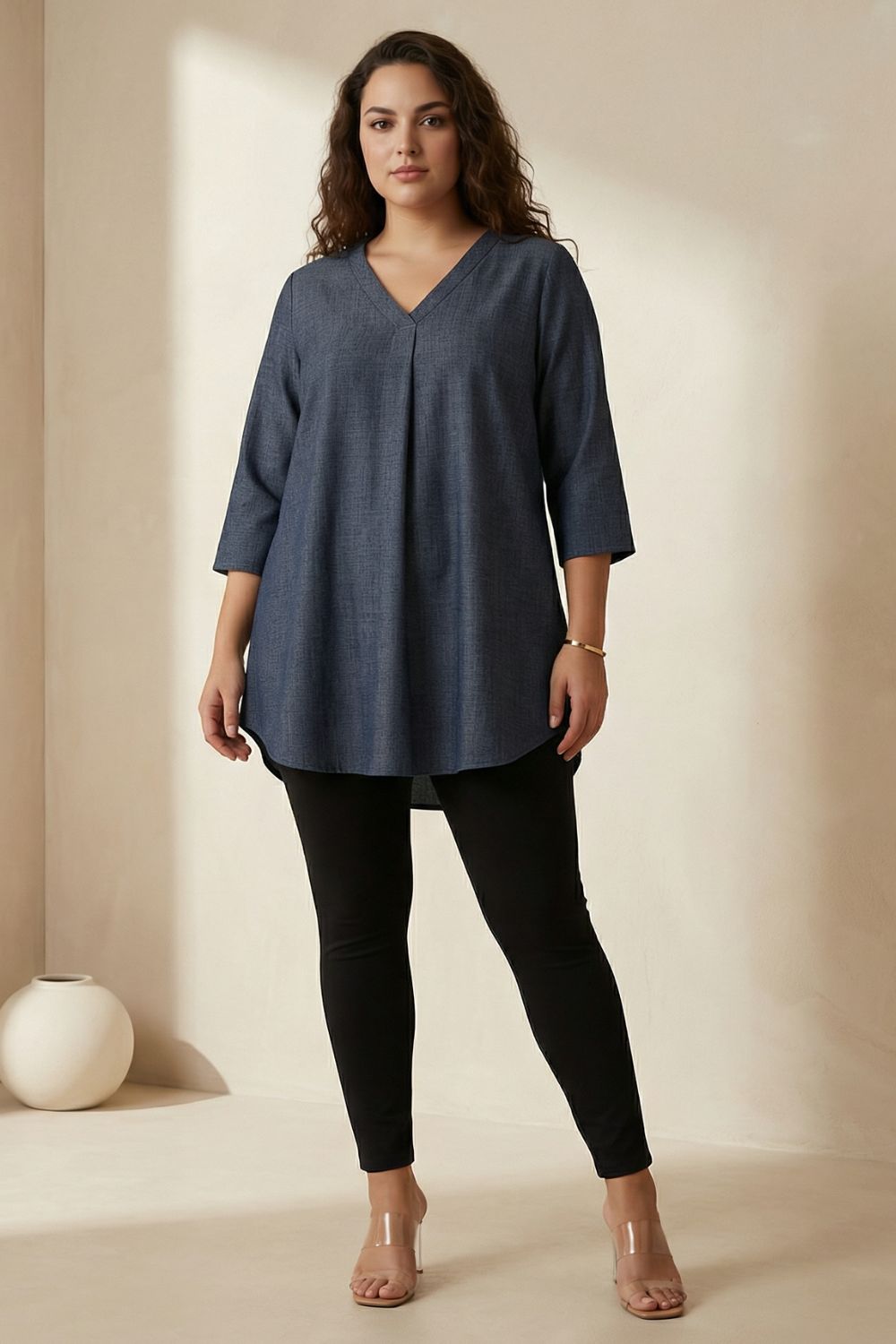 Plus Size Denim Cotton V-Neck Top