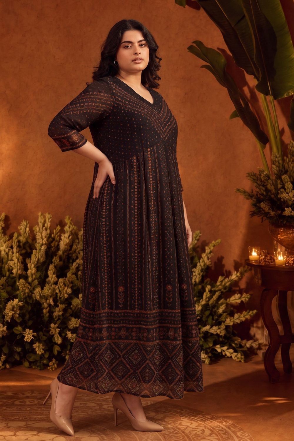 Plus Size Ornamental Print Georgette Anarkali Dress