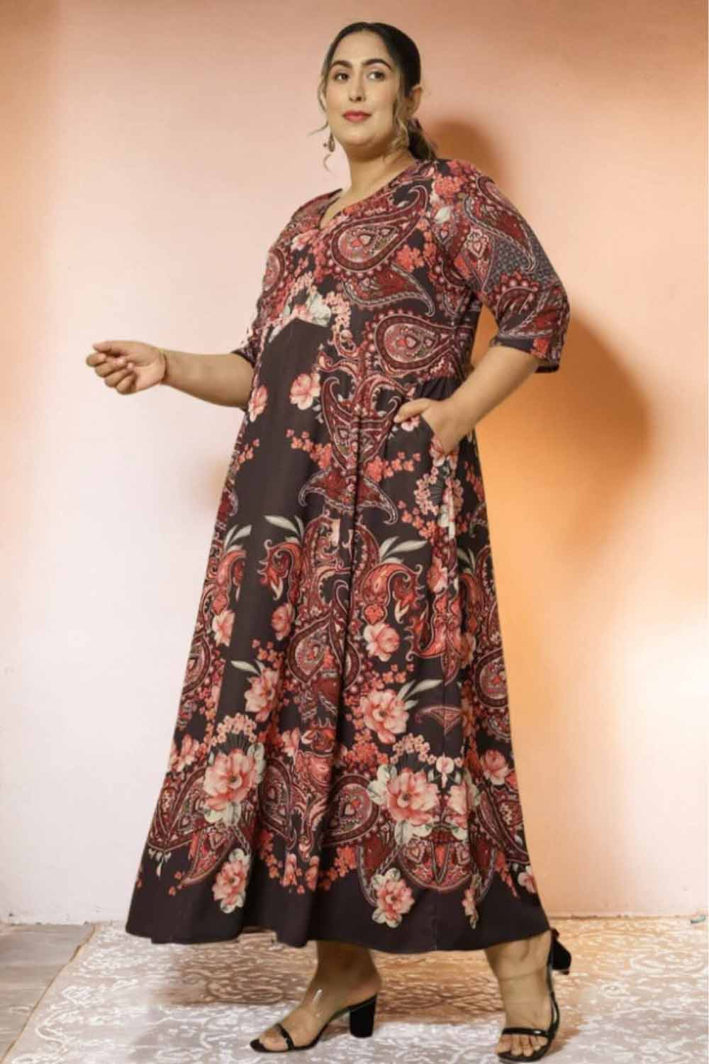 Plus Size Black Printed Anarkali Dress for Women