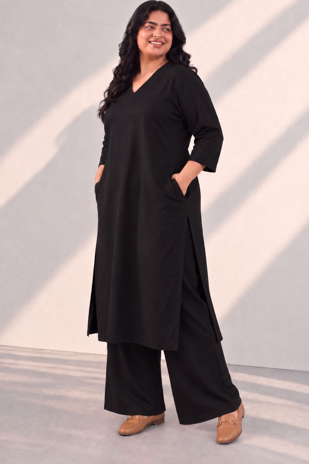Plus Size SoftEase V Neck Black Cotton Kurta Coord Set