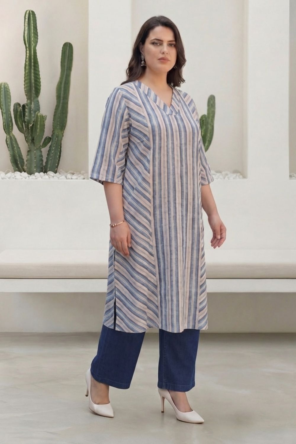 Plus Size Blue & Beige Striped Cotton V-Neck Kurta