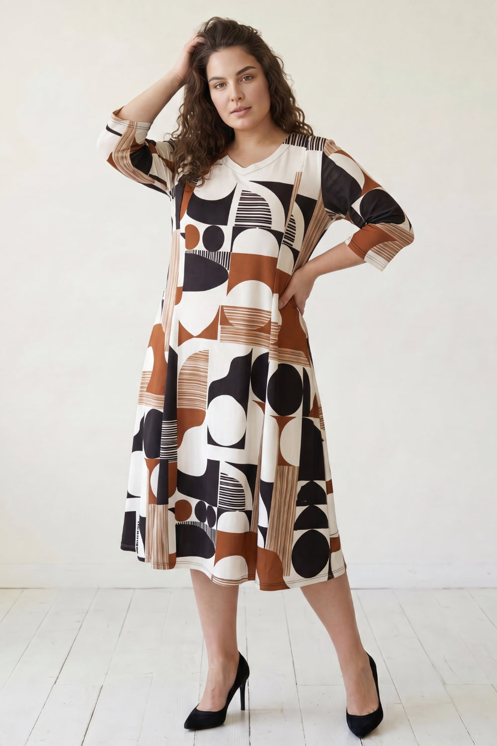 Abstract Geometric Print A-Line Midi Dress