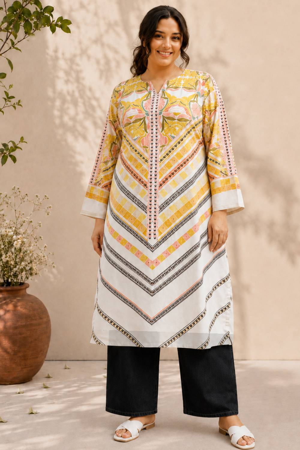 Plus Size Begie Floral Geometric Print cotton Kurti