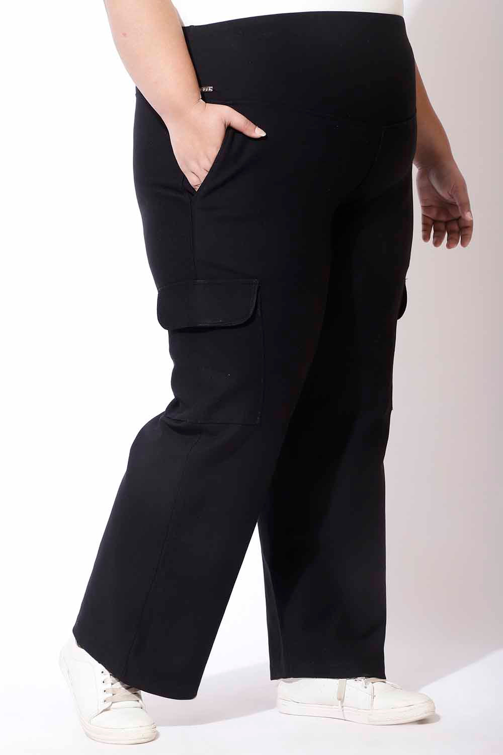 Black Tummy Shaper Cargo Pants for Women