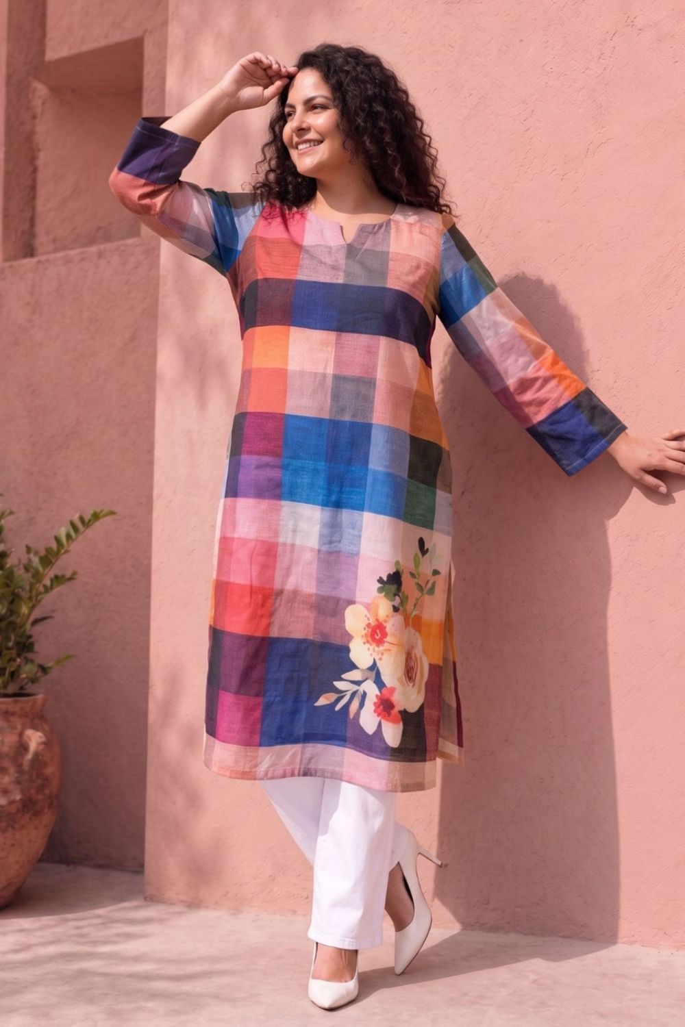 Plus Size Floral Check Printed Cotton Kurta