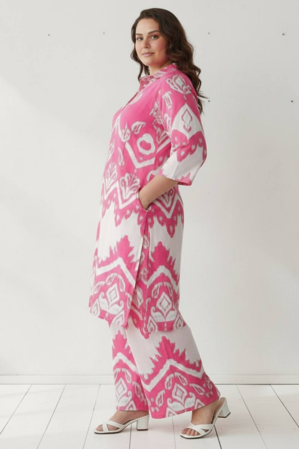 Plus Size Pink White Printed Co-ord Set
