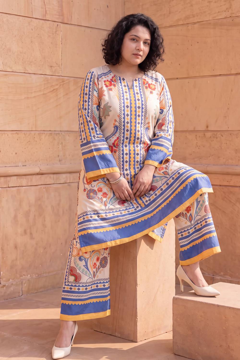 Plus Size Beige Ethnic Floral Print Cotton Kurta Coord Set