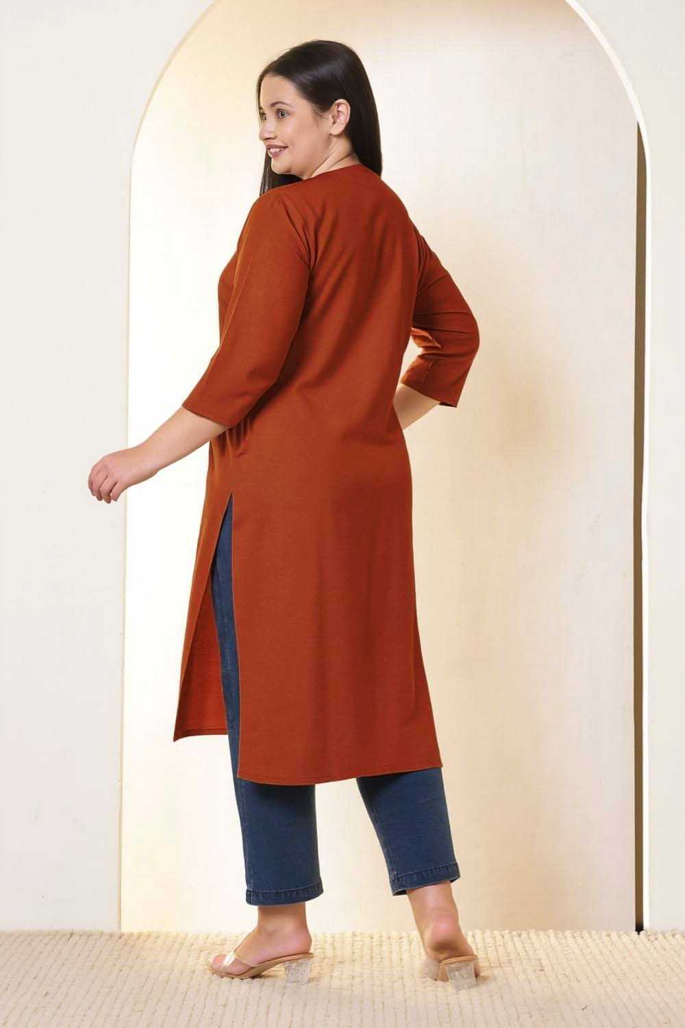 Plus Size Rust Brown V-Neck Cotton Linen V Neck Kurta