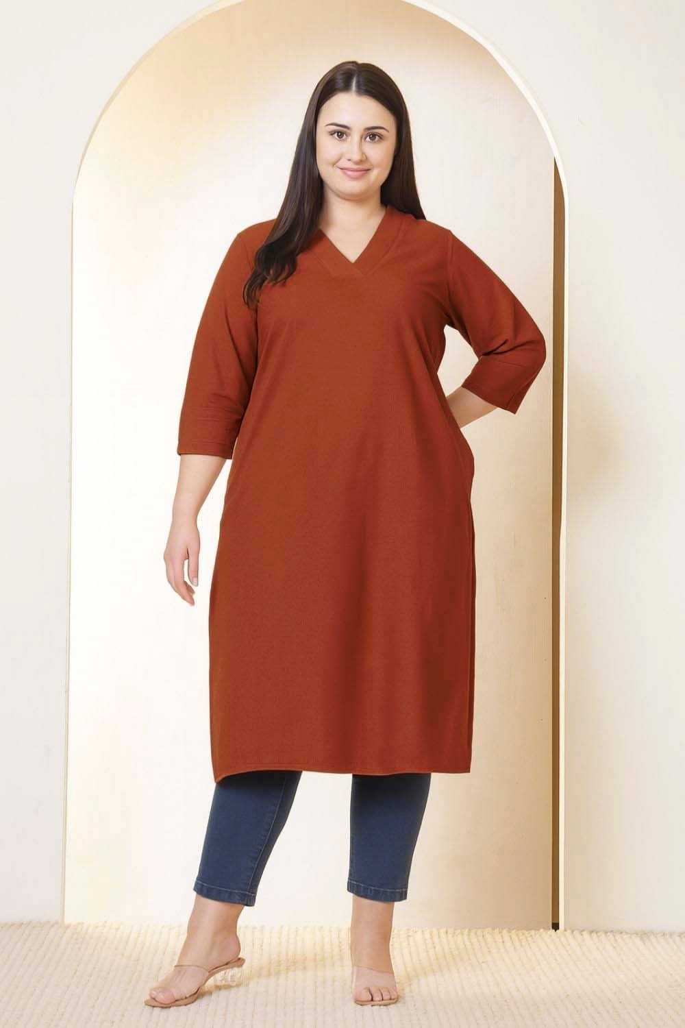 Plus Size Plus Size Rust Brown V-Neck Cotton Linen V Neck Kurta