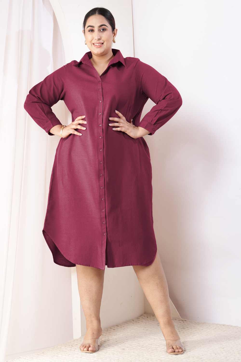 Plus Size Wine Cotton Linen Shirt Dress