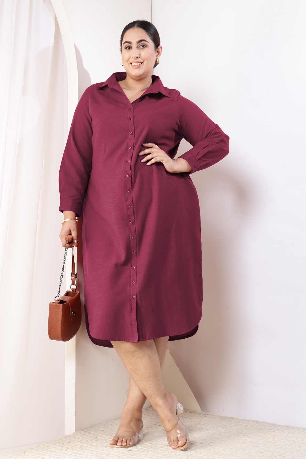 Plus Size Wine Cotton Linen Shirt Dress