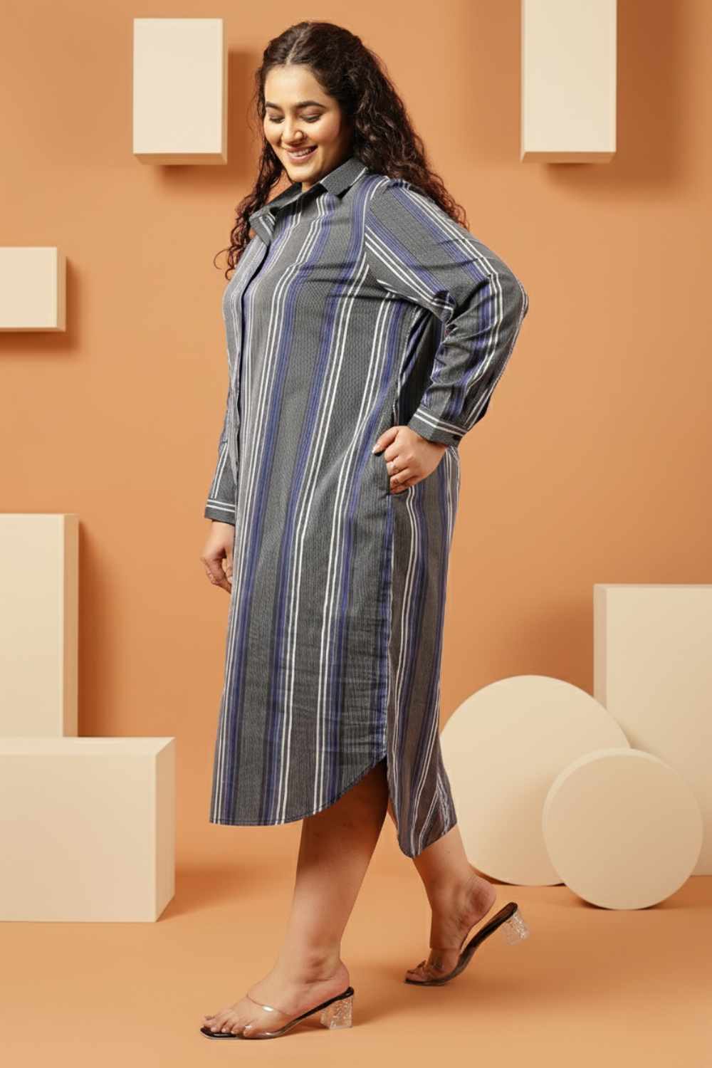 Plus Size Grey & Blue Striped Cotton Shirt Dress