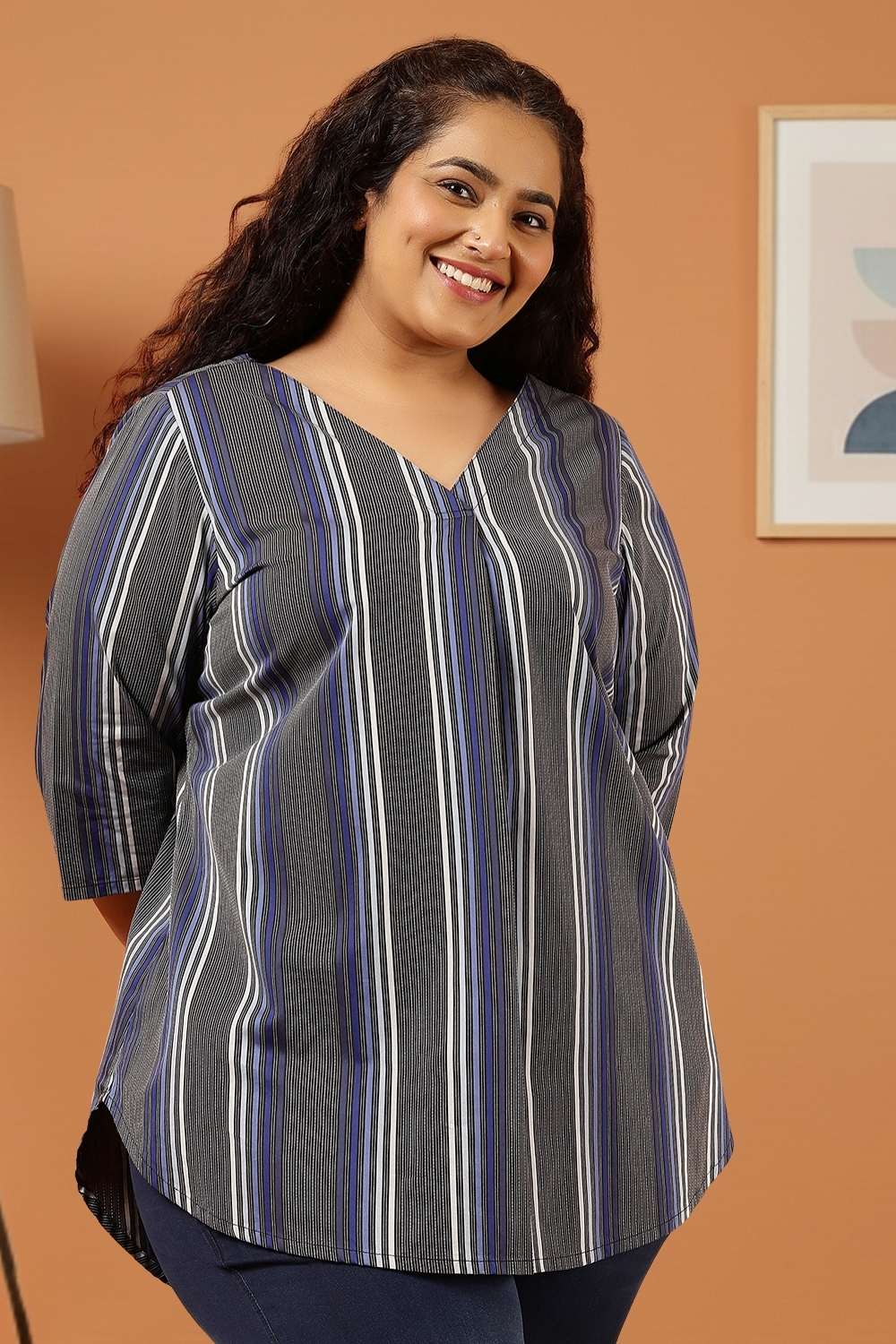 Plus Size Grey & Blue Striped Cotton V Neck Top