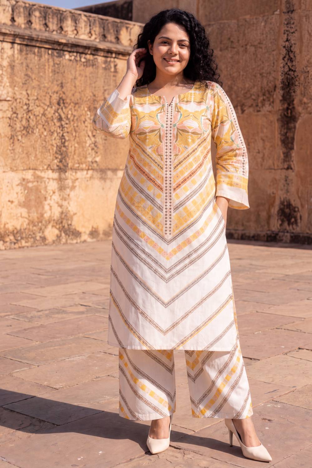Plus Size Beige Floral Geometric Print Cotton Kurta Coord Set