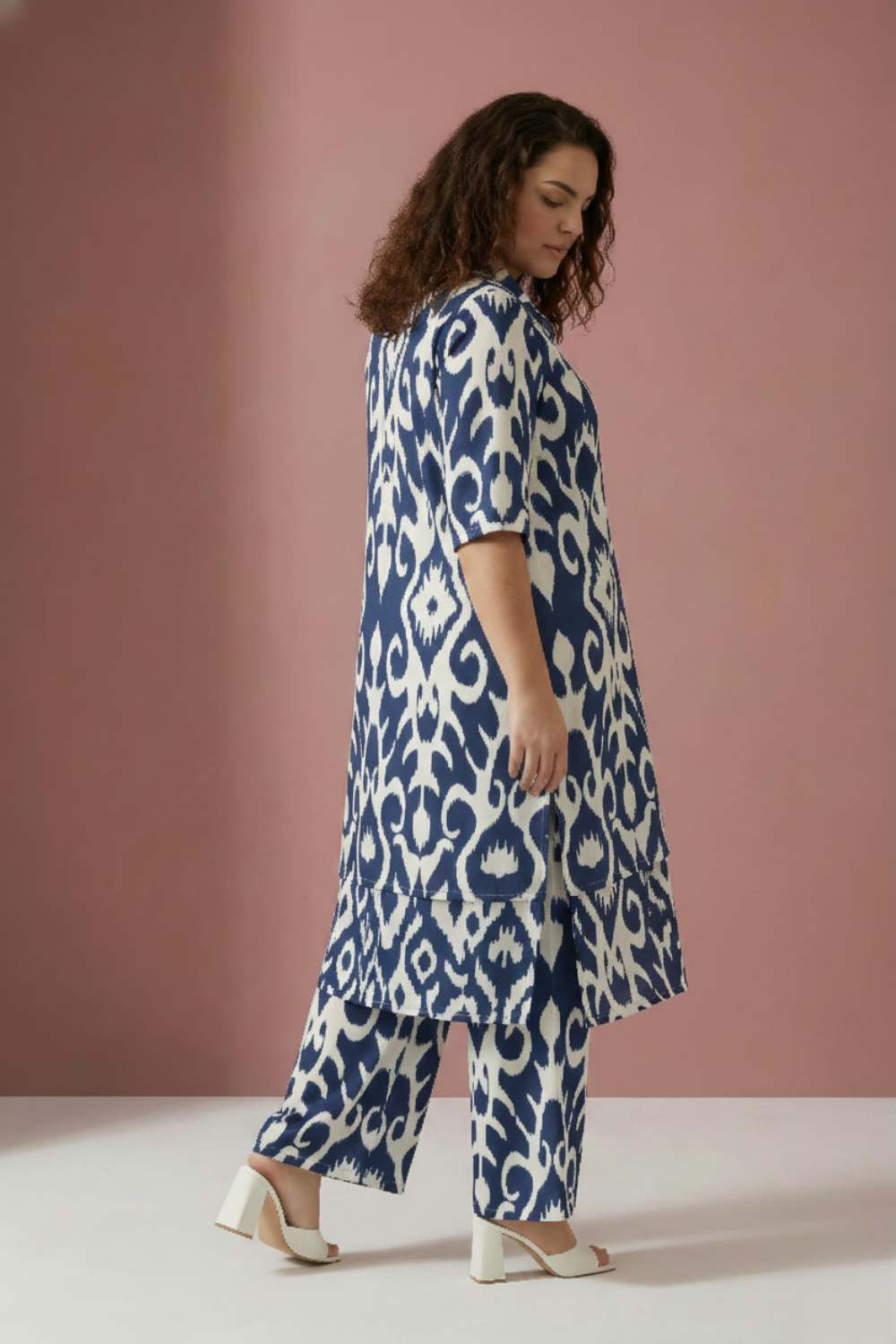 Plus Size Blue White Printed Coord Set