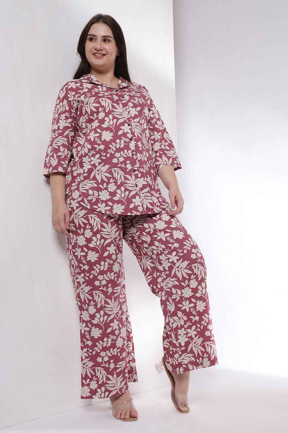 Plus Size Plus Size Purple Taupe Floral Print Shirt Coord Set