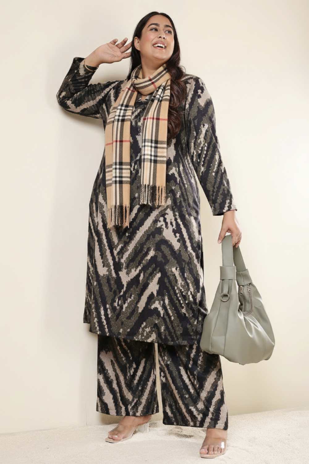 Plus Size Black & Beige Abstract Kurta SnugWeave™ Winter Coord Set