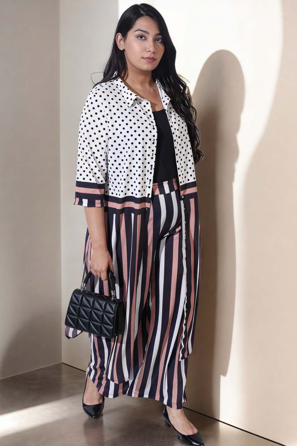 Plus Size Black Luxe Polka Stripes Coord Set for Women