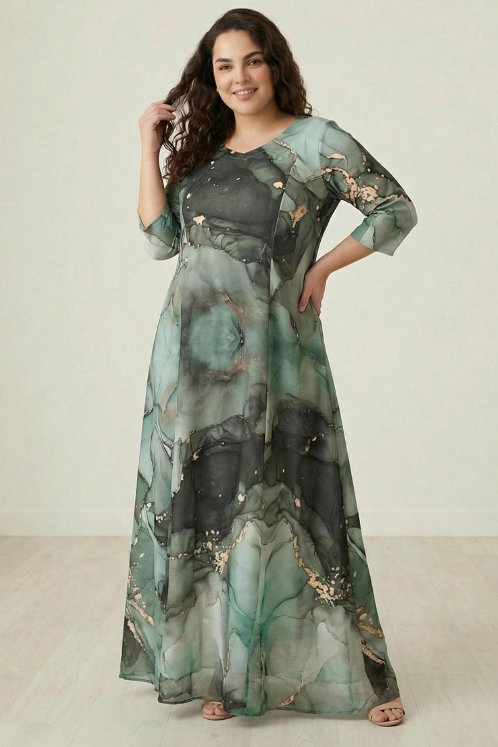 Plus Size Green Golddust Long Dress Online in India