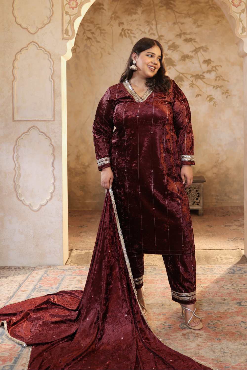 Plus Size Purple Print Velvet V Neck Suit Set