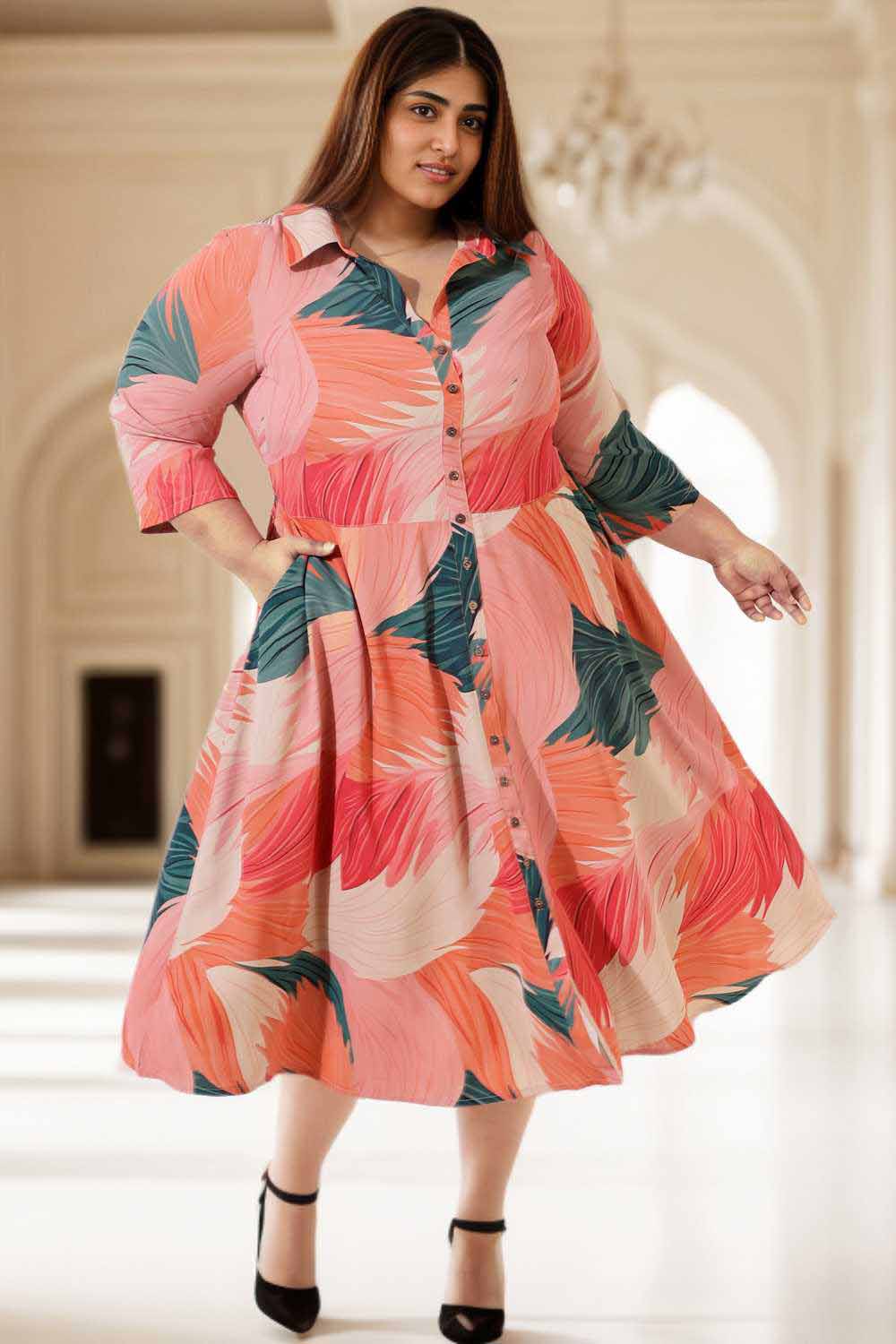 Plus Size Bright Tropical Crepe Shirt Dress1