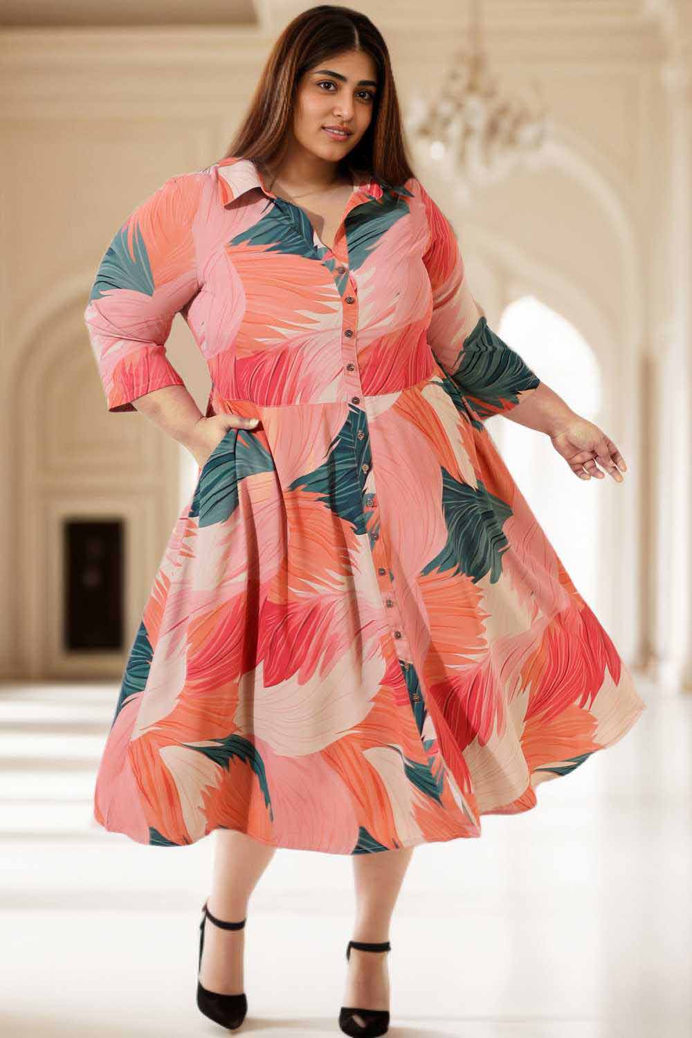 Plus Size Bright Tropical Crepe Shirt Dress