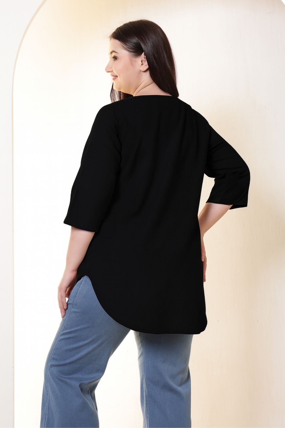 Plus Size Black V-Neck Cotton Linen Top