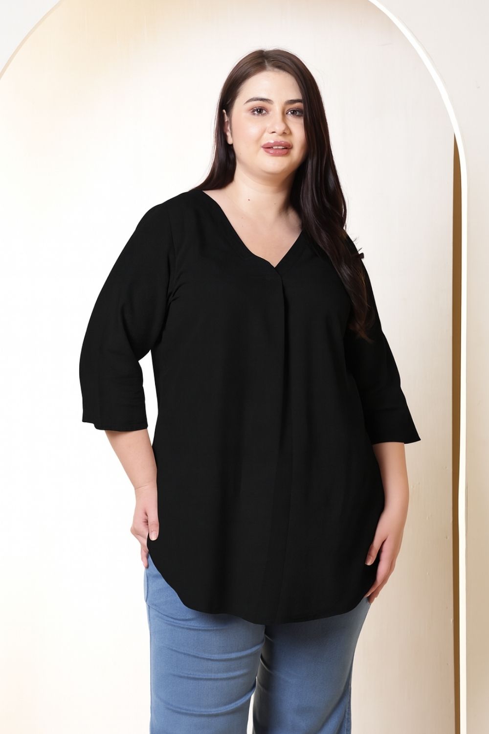 Plus Size Plus Size Black V-Neck Cotton Linen Top