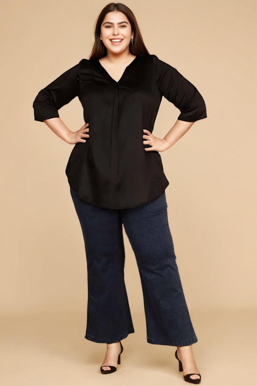 Plus Size Black Satin Centre Pleat Top