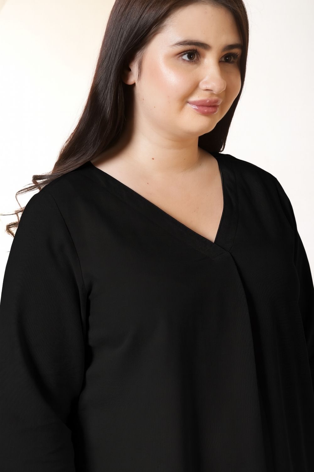 Plus Size Black V-Neck Cotton Linen Top for Women