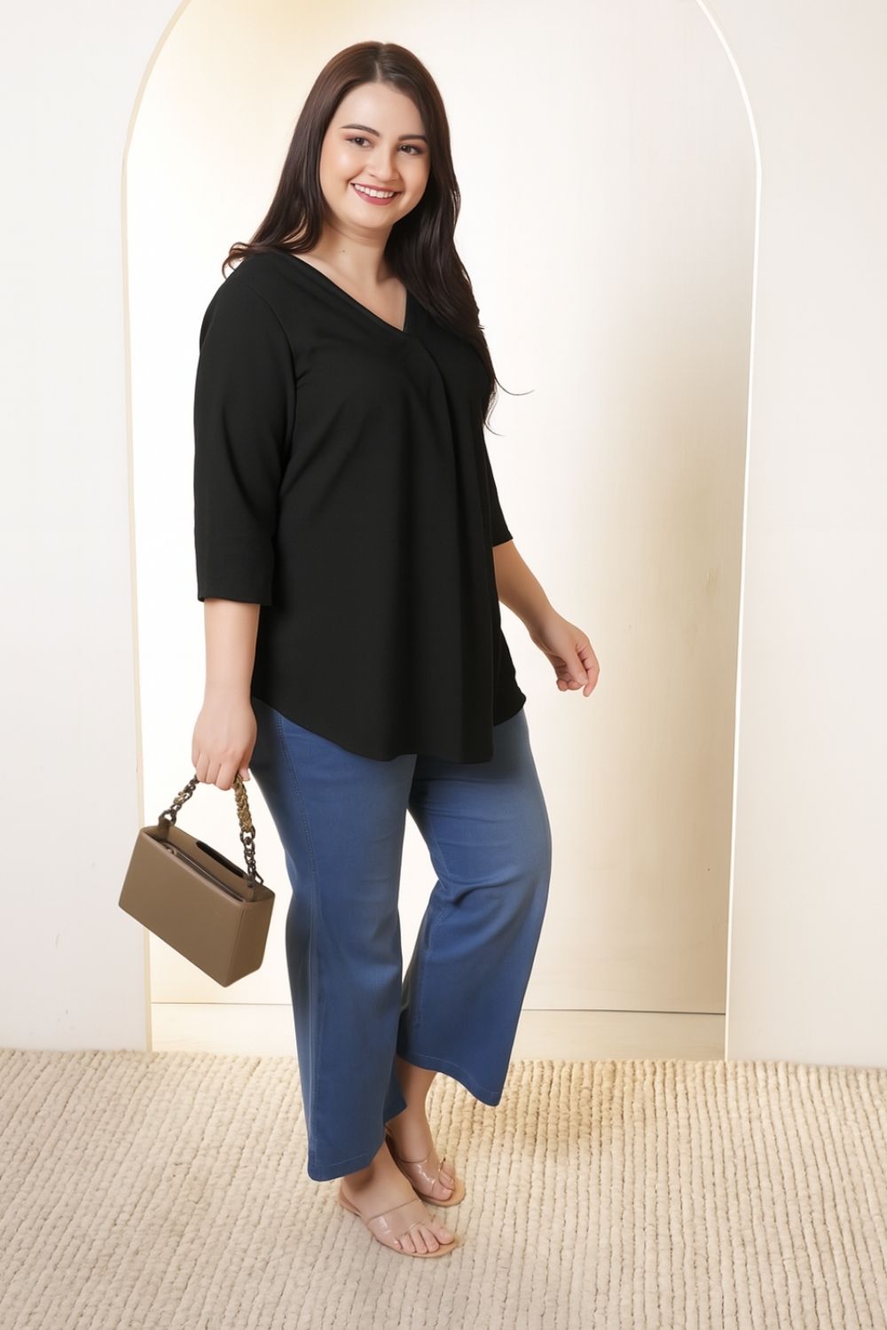 Comfortable Plus Size Black V-Neck Cotton Linen Top