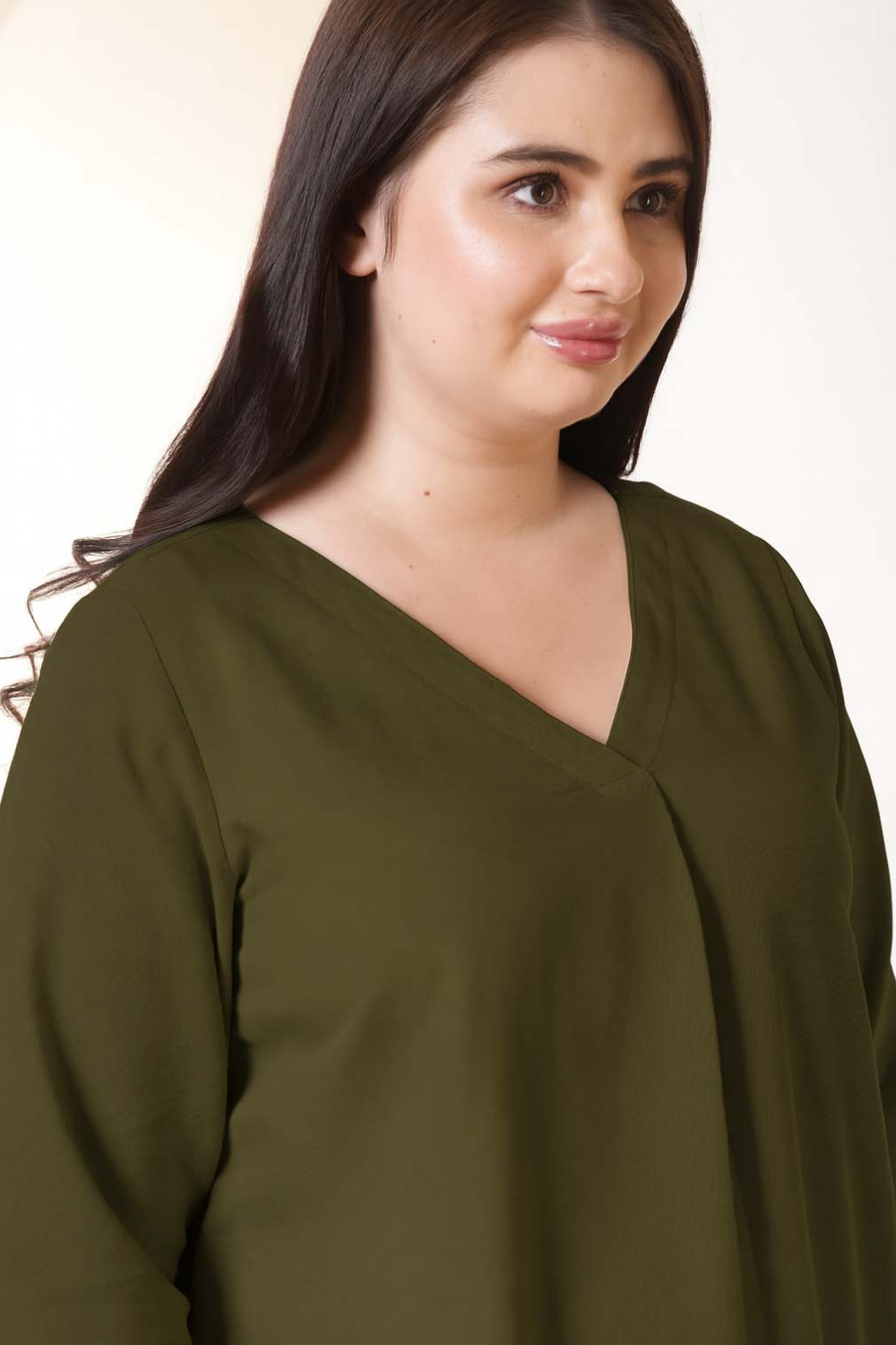 Plus Size Olive Green V-Neck Cotton Linen Top for Women
