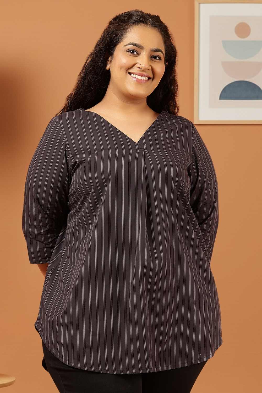 Plus Size Black Pinstripe Cotton V Neck Top