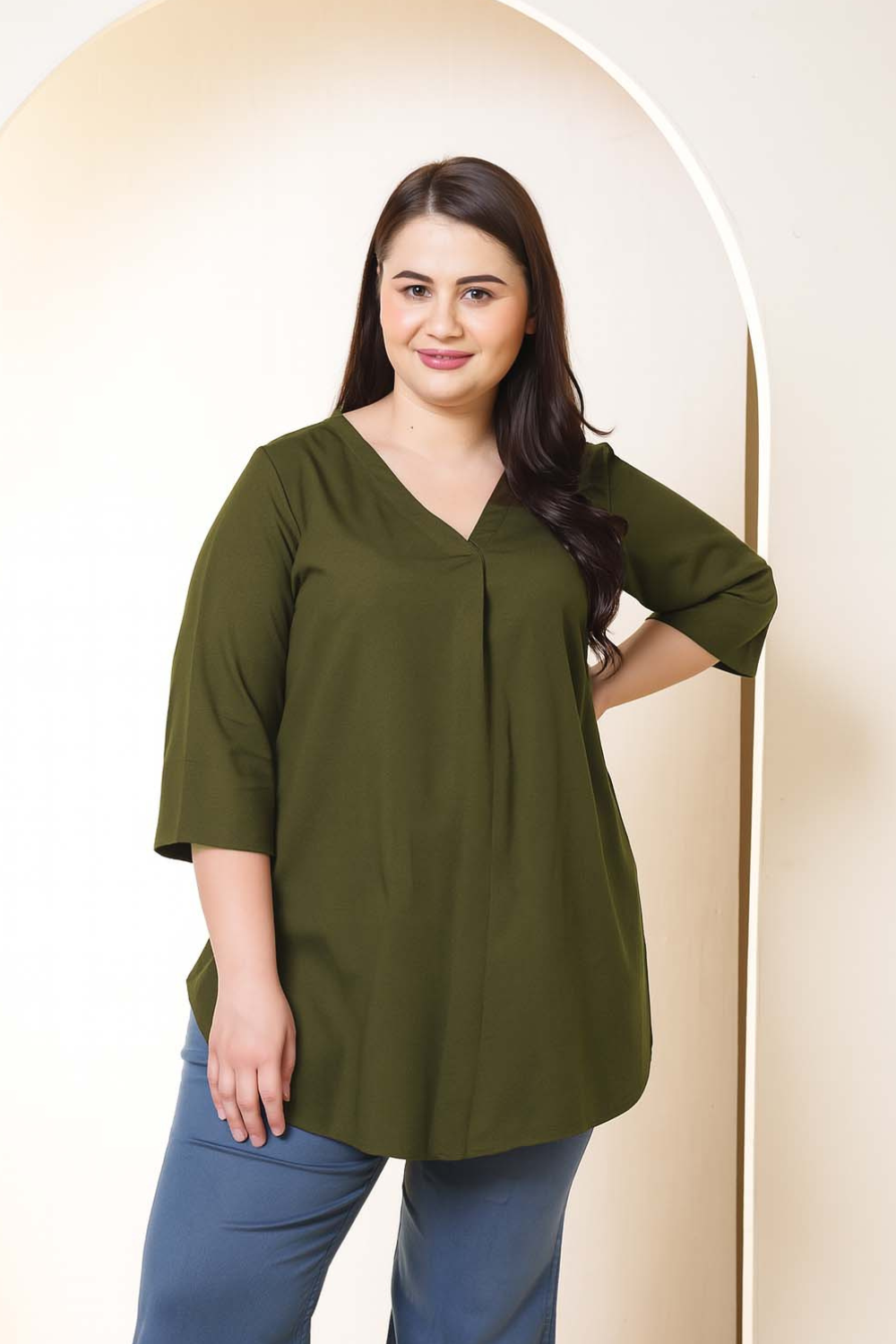 Plus Size Plus Size Olive Green V-Neck Cotton Linen Top