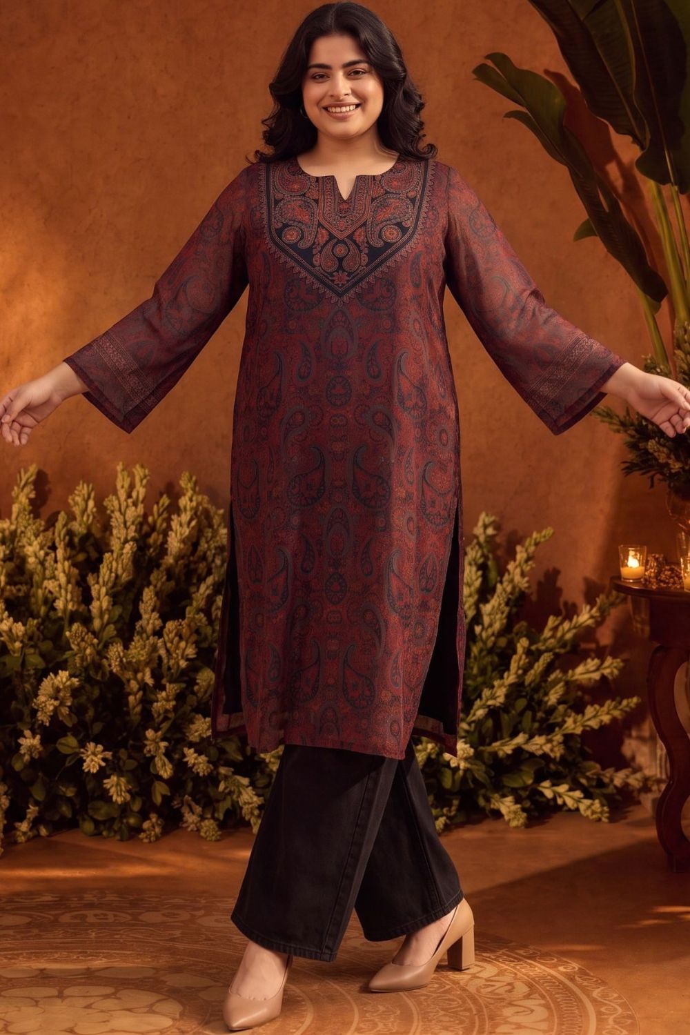 Plus Size Heritage Paisley Print Straight Georgette Kurta