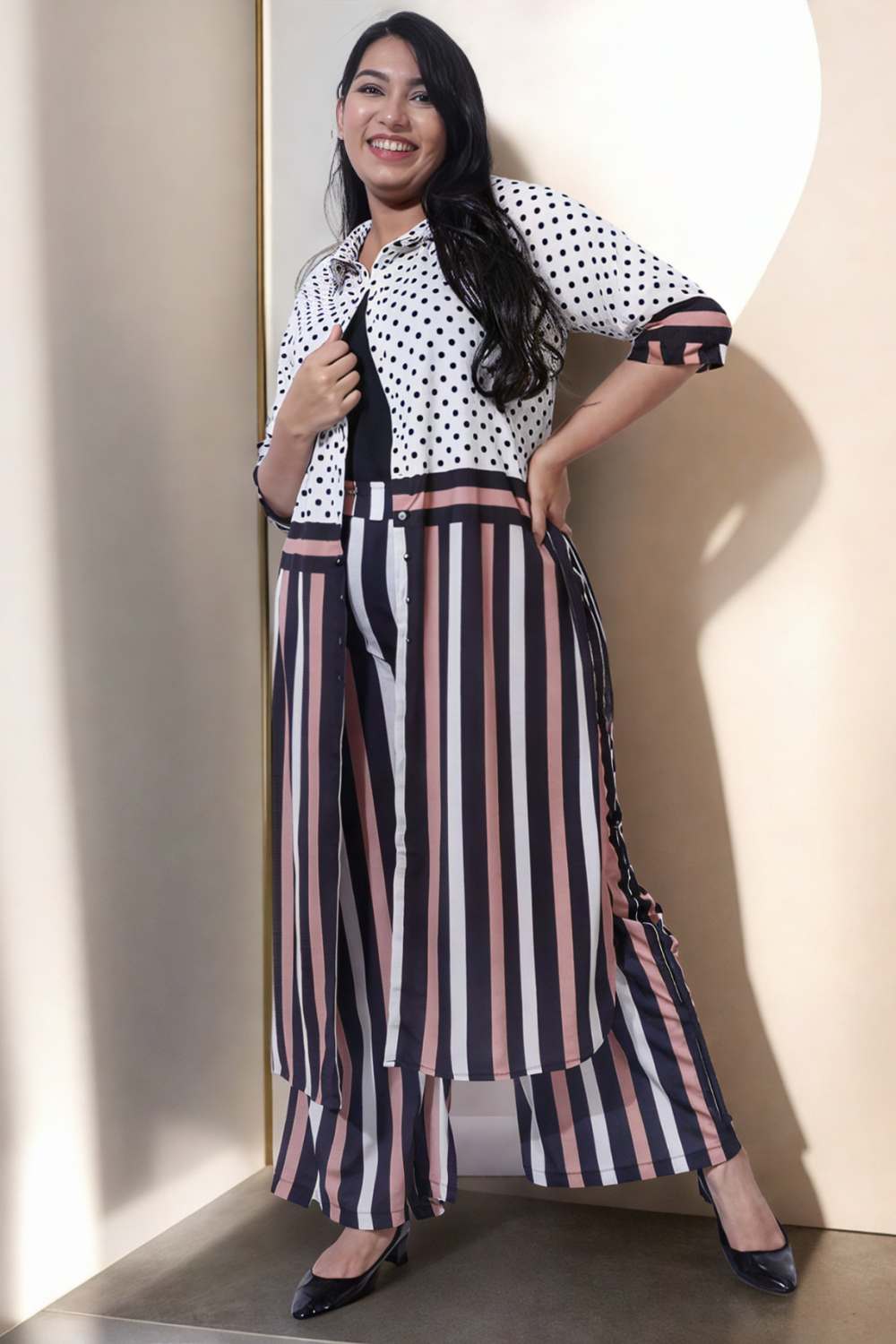 Buy Plus Size Black Luxe Polka Stripes Coord Set