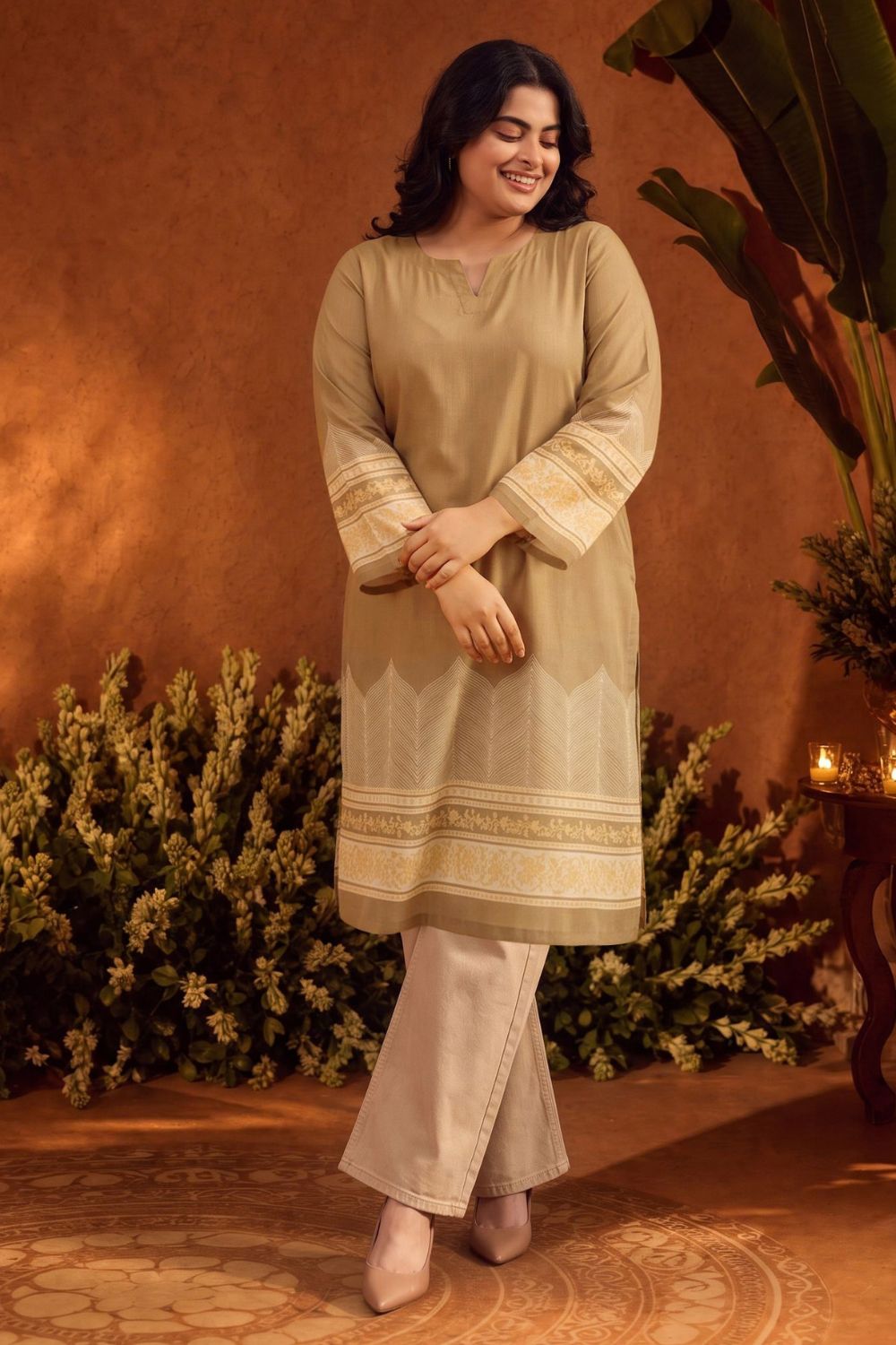 Plus Size Beige Elegance Printed Straight Georgette Kurta