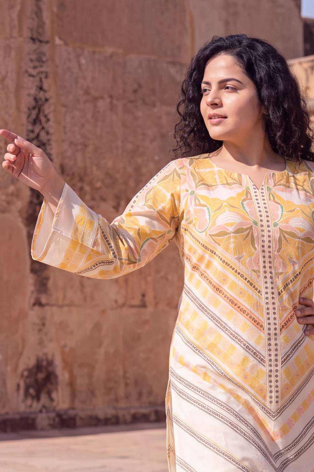 Plus Size Beige Floral Geometric Print Cotton Kurta Coord Set