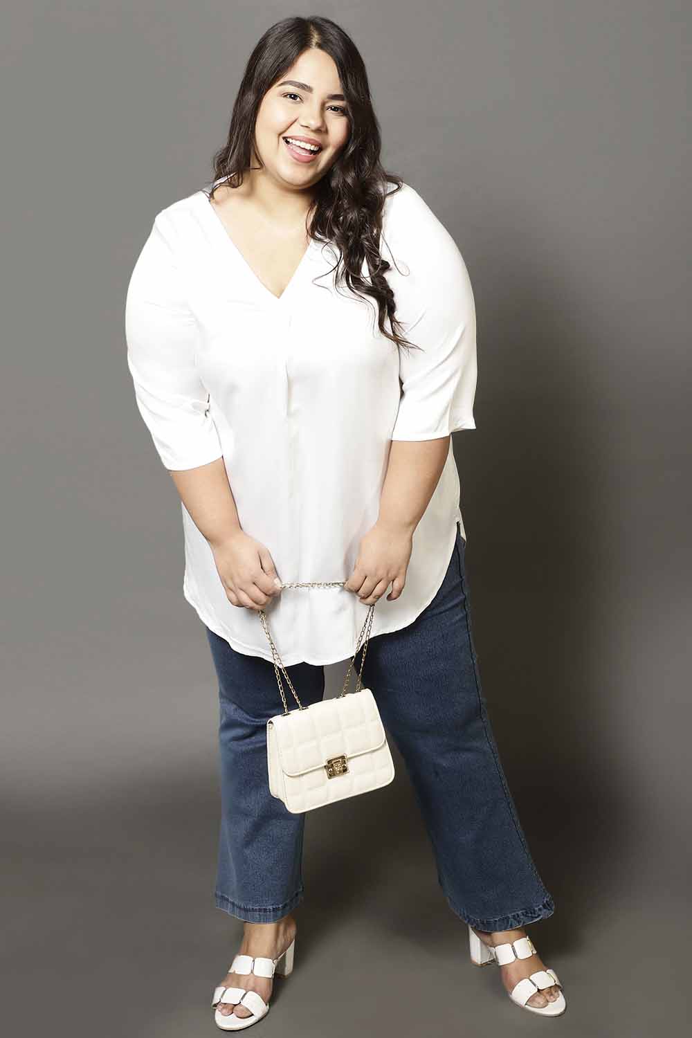 Buy Plus Size White Satin Centre Pleat Top