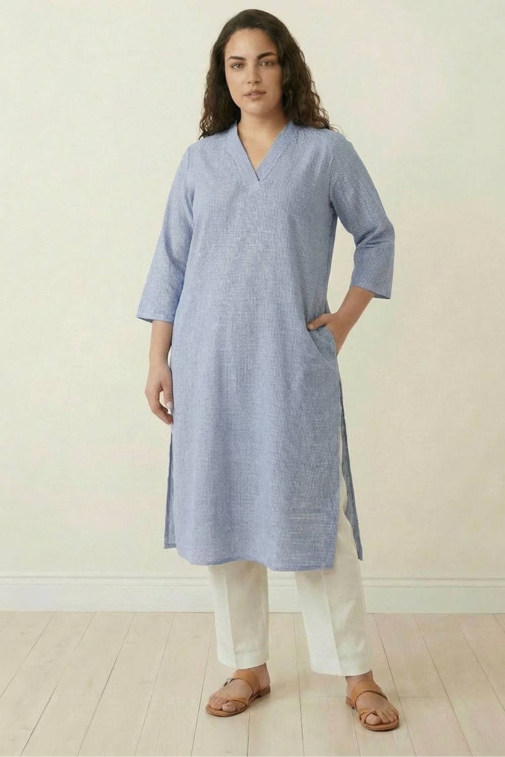 Plus Size Blue Chambray Pinstripe V-Neck Kurta