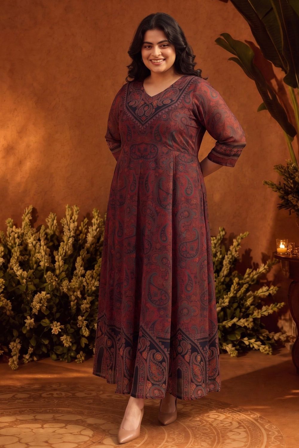 Plus Size Heritage Paisley Print Georgette Anarkali Dress