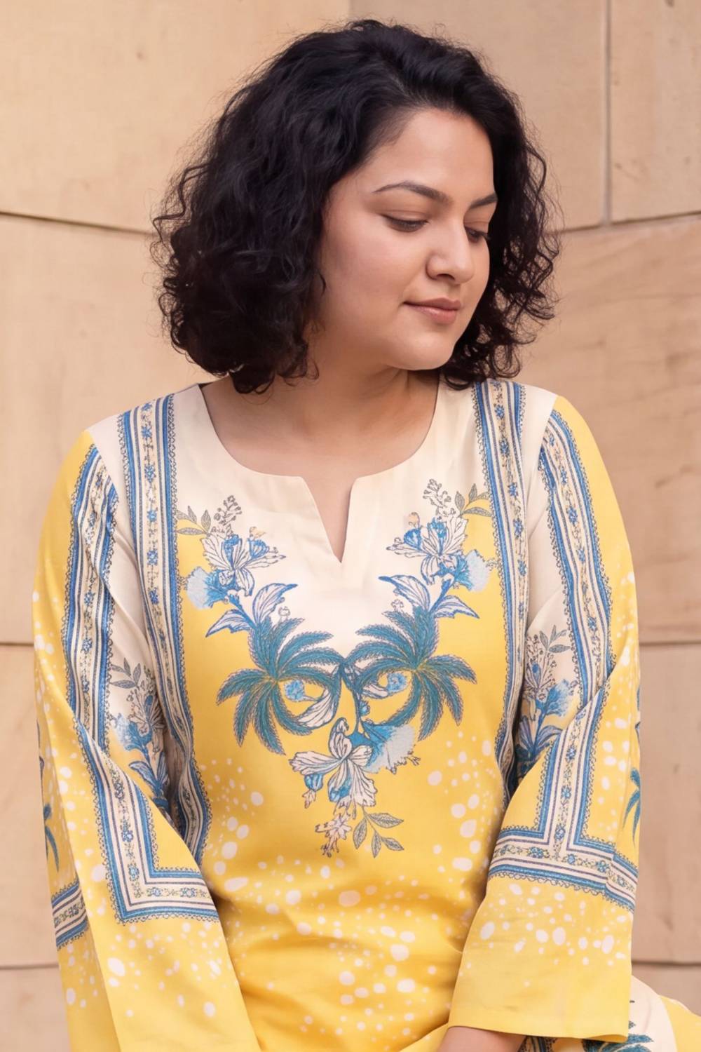 Plus Size Yellow Floral Print Cotton Kurta Coord Set