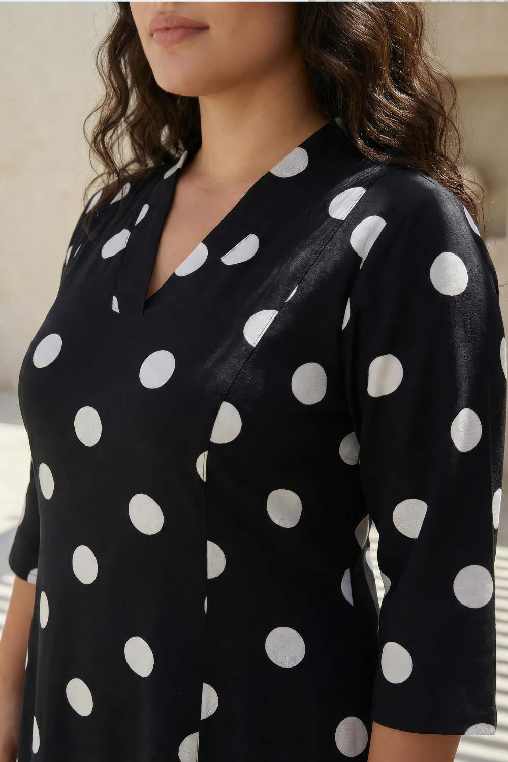 Plus Size Black Polka Print Rayon Midi Dress