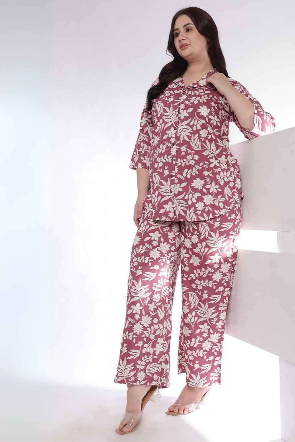 Comfortable Plus Size Purple Taupe Floral Print Shirt Coord Set