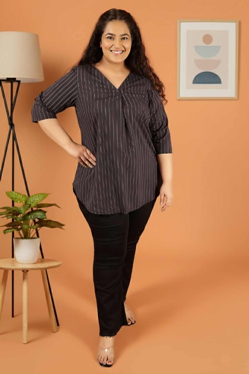 Plus Size Black Pinstripe Cotton V Neck Top