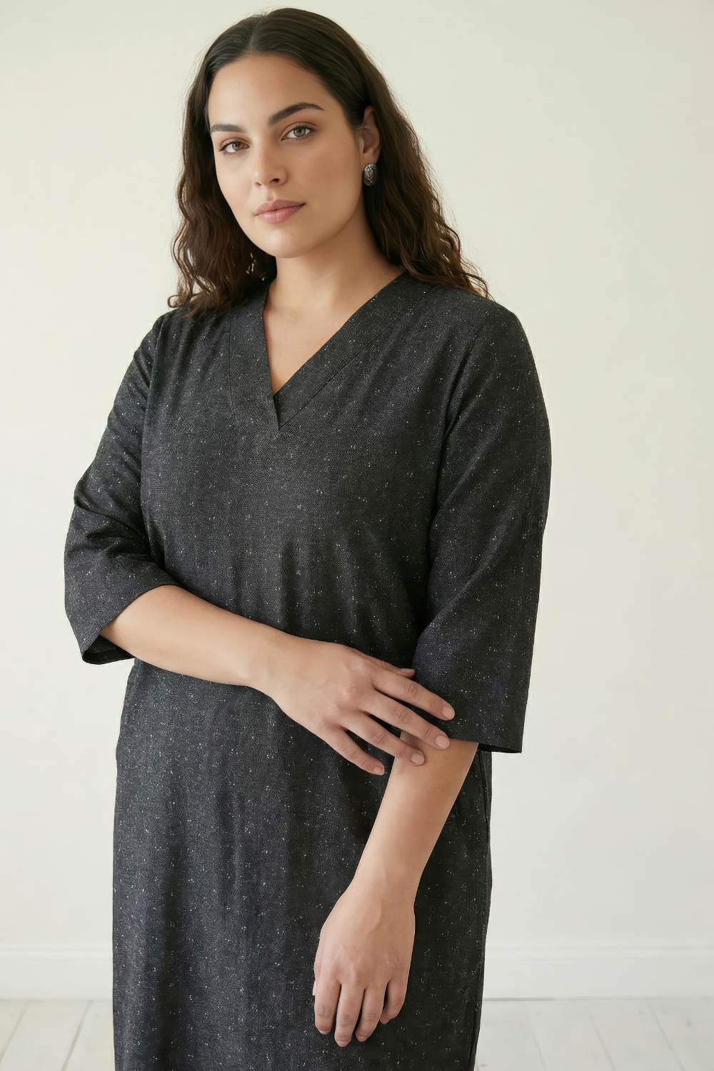 Plus Size Ash Black Denim Cotton V Neck Kurta